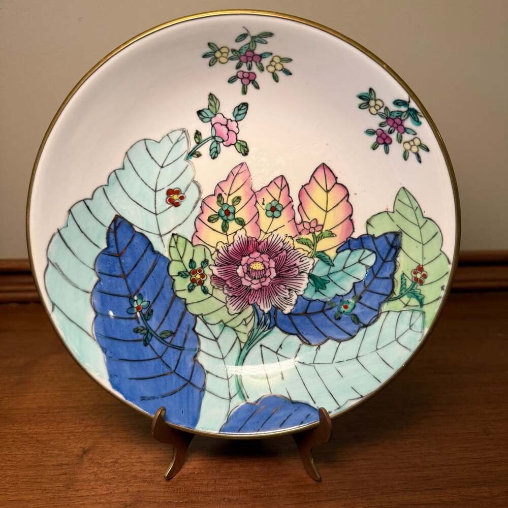 Vintage Tobacco Leaf Porcelain Decorative Dish Brass Encased